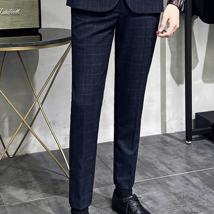 Men's Plaid High-end Suit Pants Korean Slim